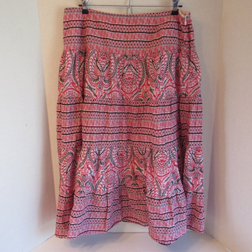 Chaps Denim Red/Black/White Paisley Lined Cotton Maxi Zip Flare Skirt Size 14